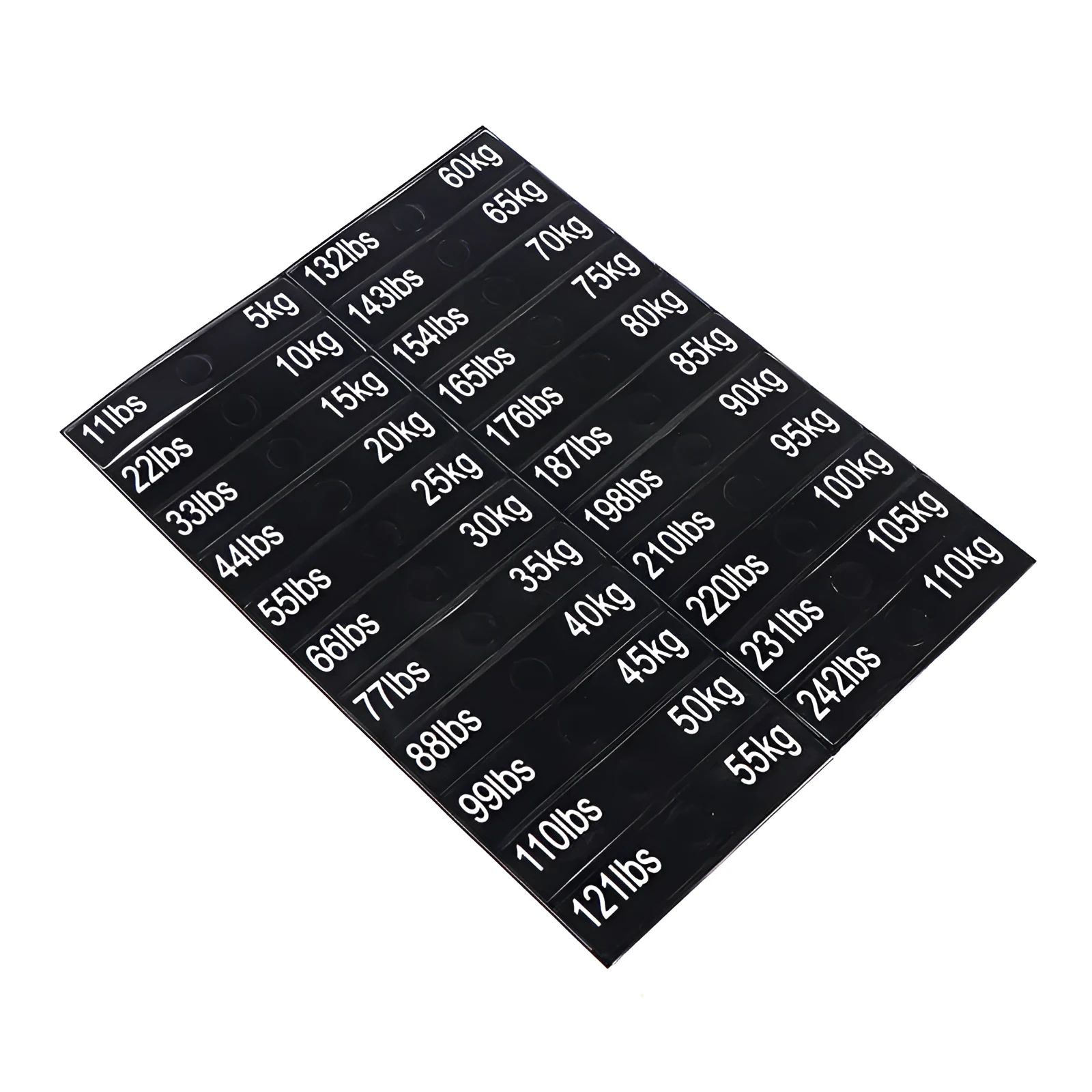 Gym weight sticker label 90x20mm Aspic colour with bolt holes showing 5-100kg scale