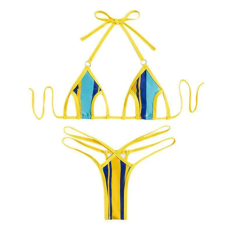 Yellow women's split swimsuit with neck-hanging design, high-waisted shorts, and sleeveless backless top