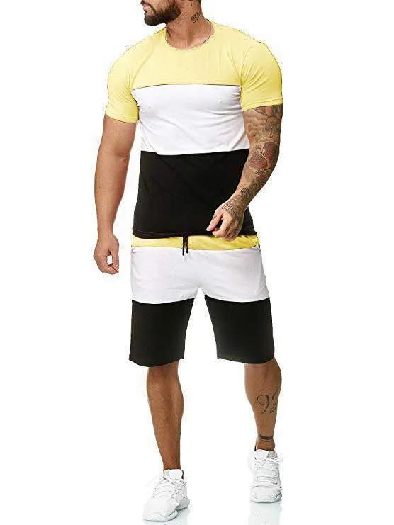 Men's casual cotton blend sports suit set with short sleeve round neck top and trousers in multiple colours
