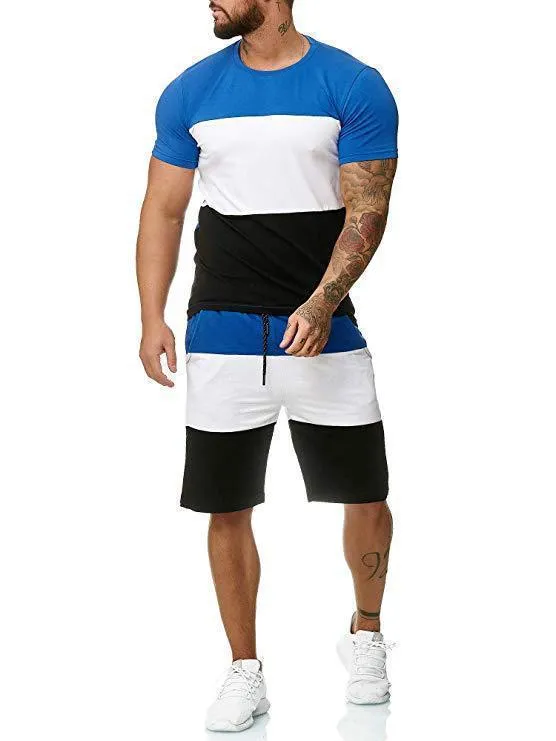 Men's casual cotton blend sports suit set with short sleeve round neck top and trousers in multiple colours