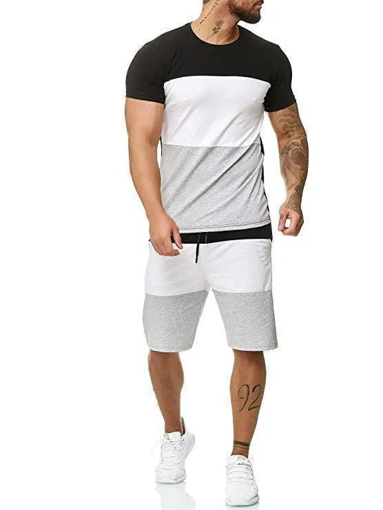 Men's casual cotton blend sports suit set with short sleeve round neck top and trousers in multiple colours