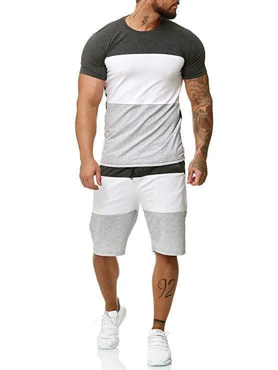 Men's casual cotton blend sports suit set with short sleeve round neck top and trousers in multiple colours