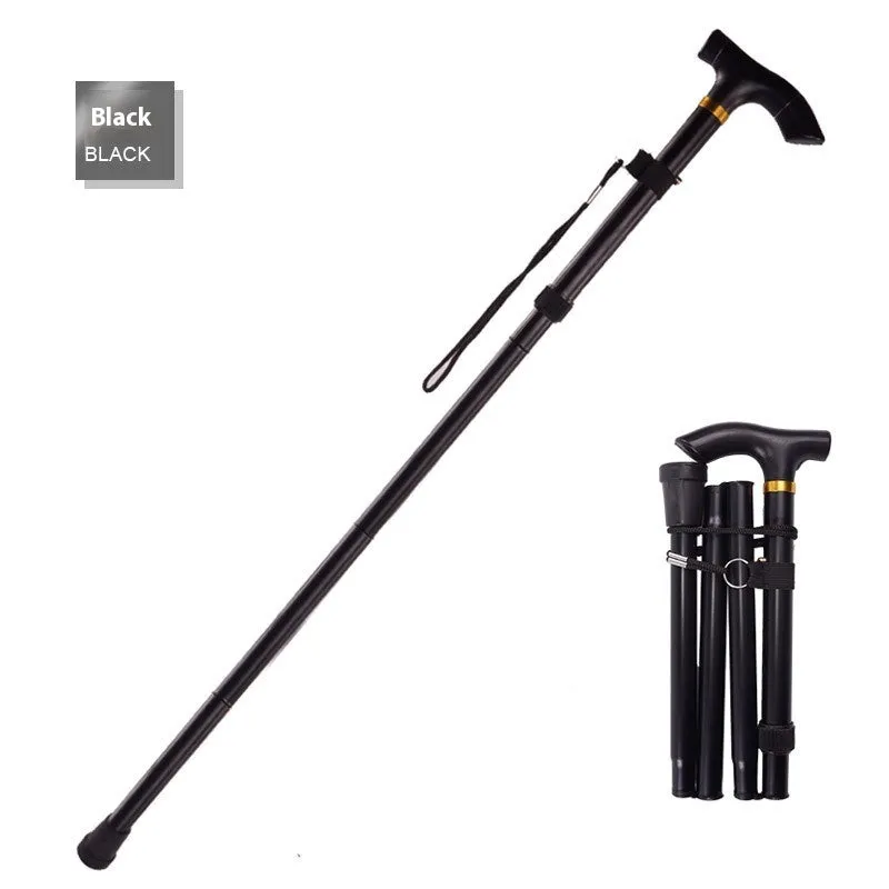 Aluminium alloy folding walking stick extended to show adjustable height and non-slip tip.