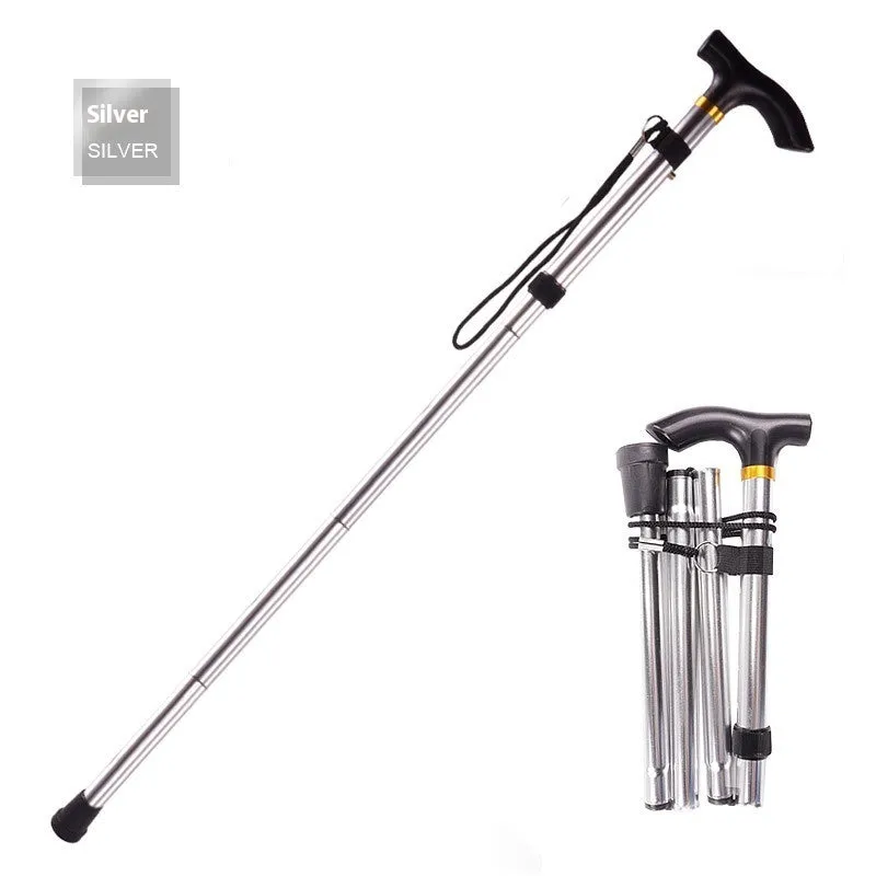 Aluminium alloy folding walking stick extended to show adjustable height and non-slip tip.