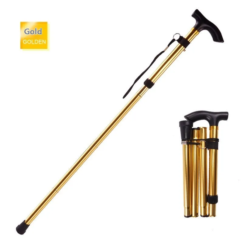 Aluminium alloy folding walking stick extended to show adjustable height and non-slip tip.