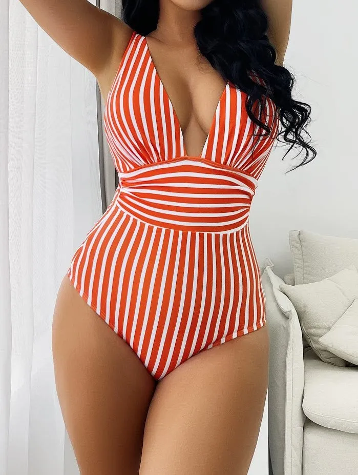 Women's one-piece striped swimsuit in black, blue, orange, green, or light brown, polyester, sizes S-XL