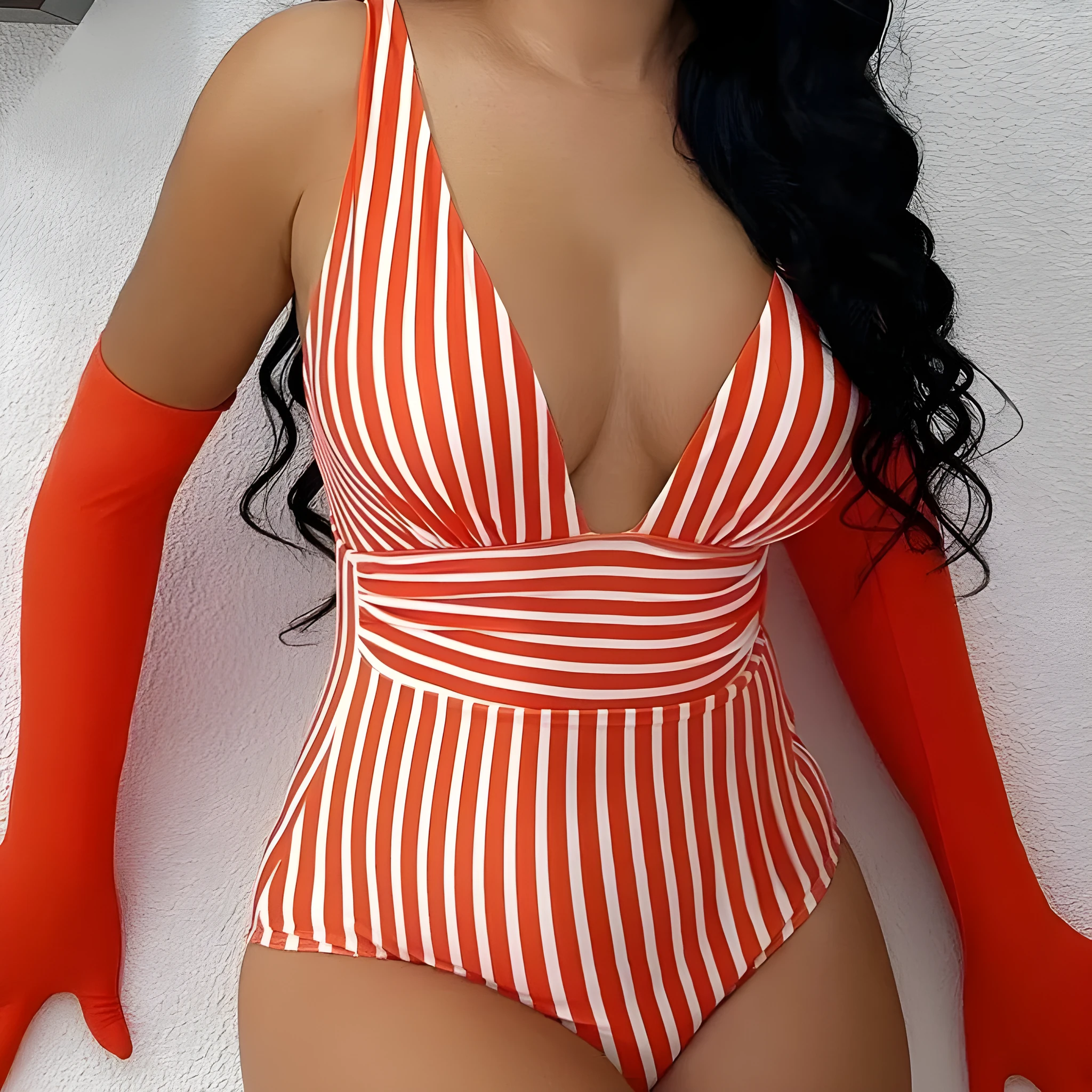Women's one-piece striped swimsuit in black, blue, orange, green, or light brown, polyester, sizes S-XL