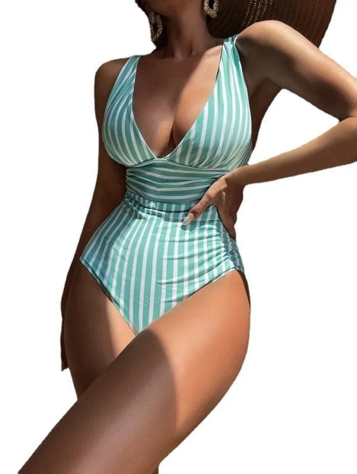 Women's one-piece striped swimsuit in black, blue, orange, green, or light brown, polyester, sizes S-XL