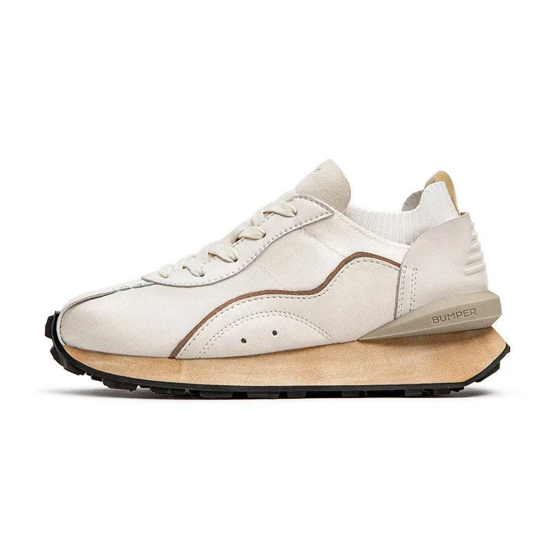 Men's retro casual running shoes with round toe, white blue colour, rubber sole, and front tie closure