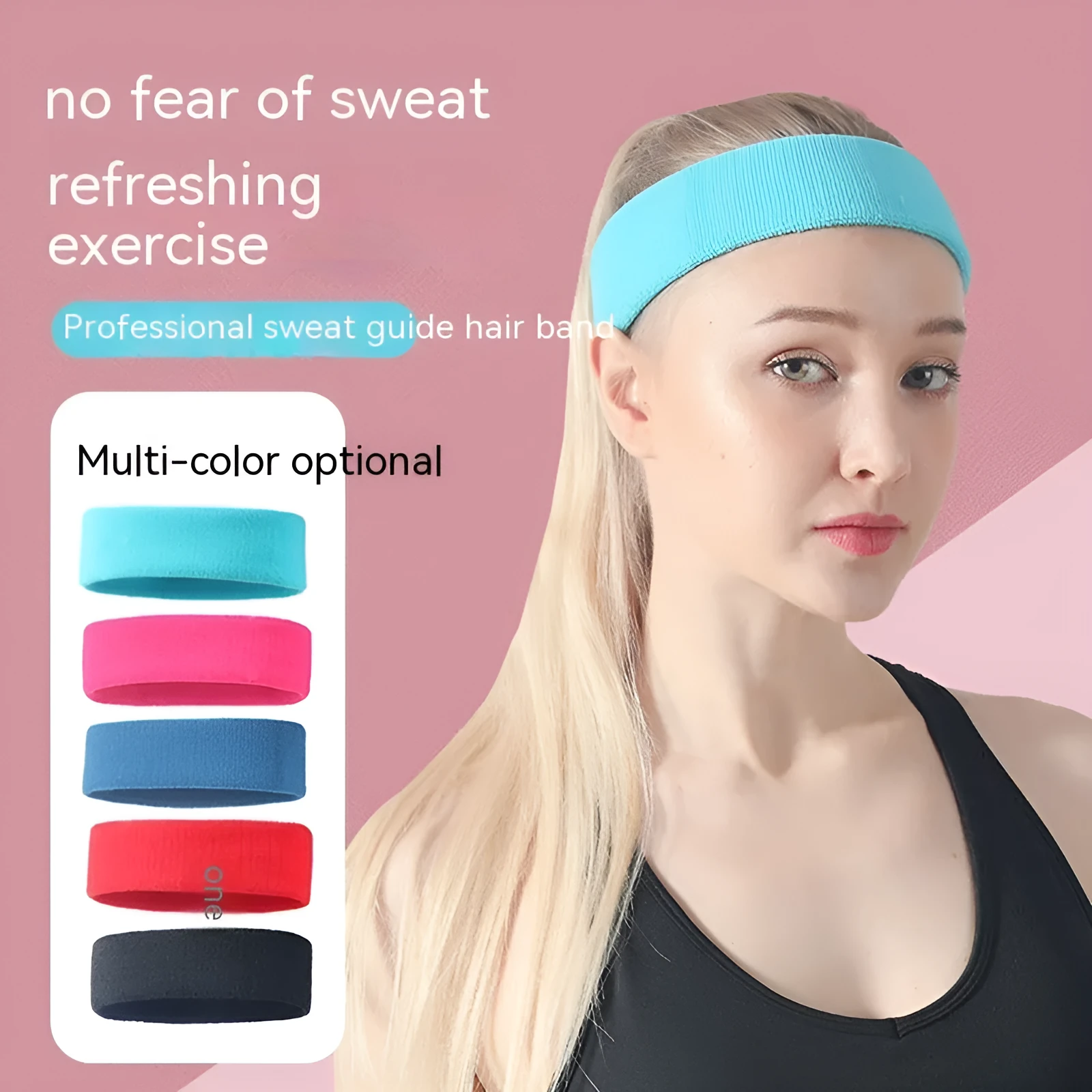 Elastic widened sports sweat band in polyester spandex, shown in one of five available colours.