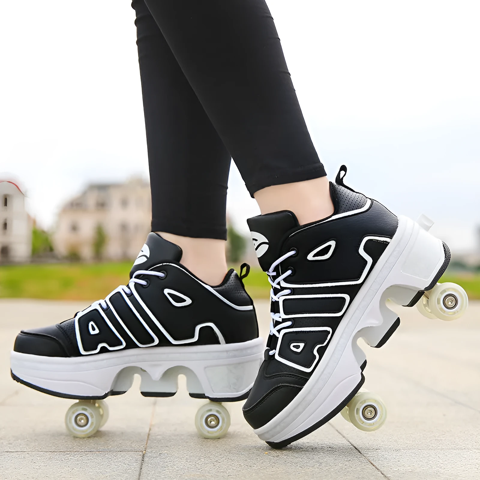 Boys and girls double wheel roller sneakers with retractable PU wheels in purple colour