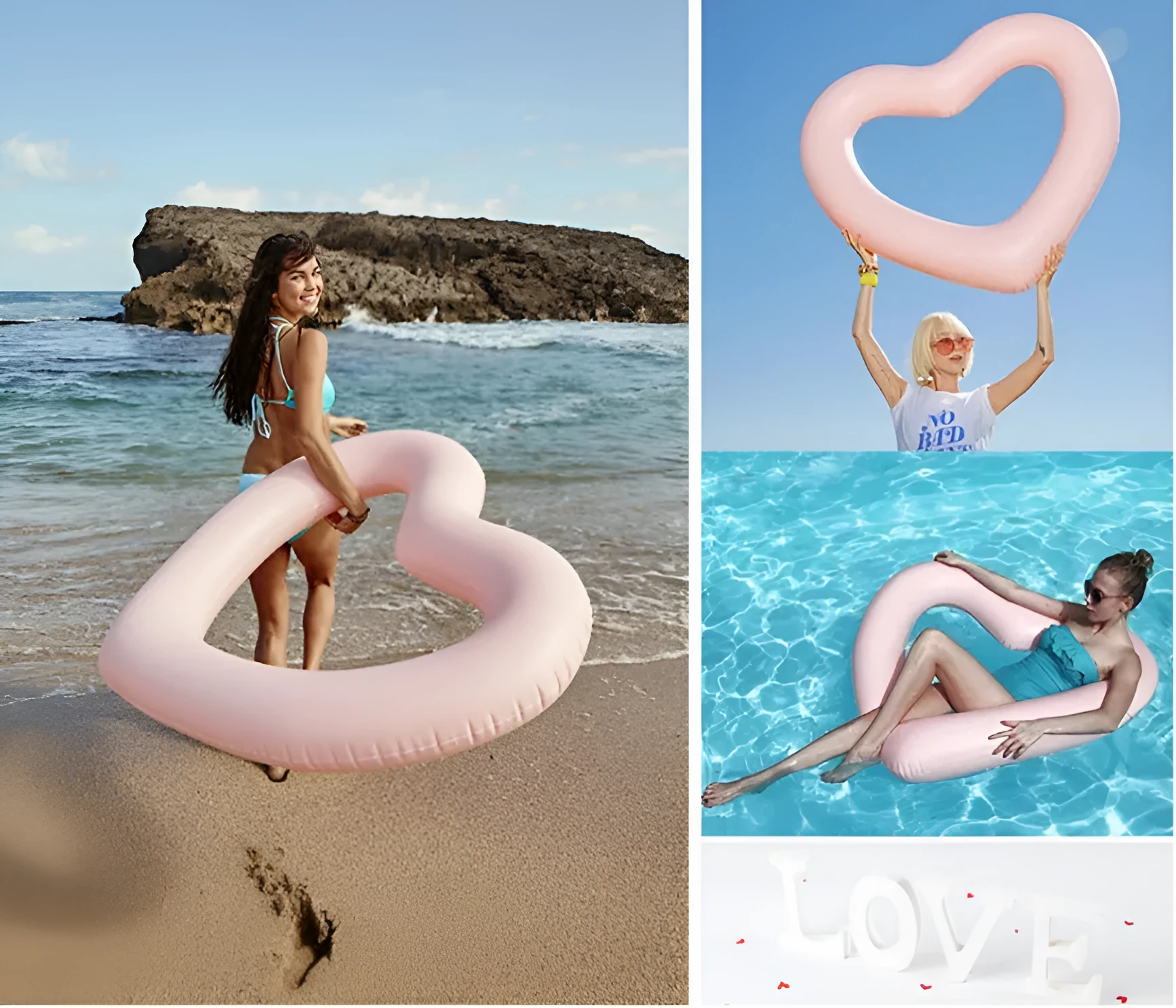 Oversized 120cm heart shaped swim ring in pink floating on water, adult outdoor pool toy