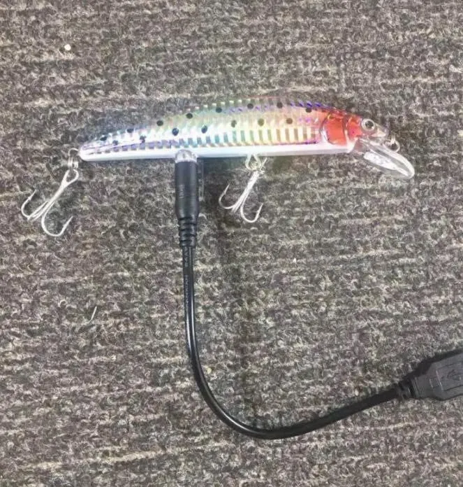 Rechargeable twitching fish lure with USB charging, lights up in the dark