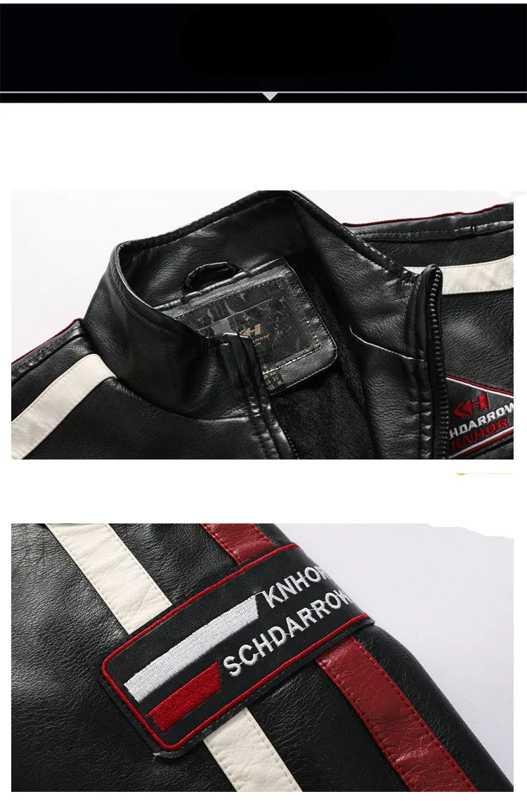 Men's black PU leather motorcycle racing suit jacket with stand-up collar, zipper front, and badge detail