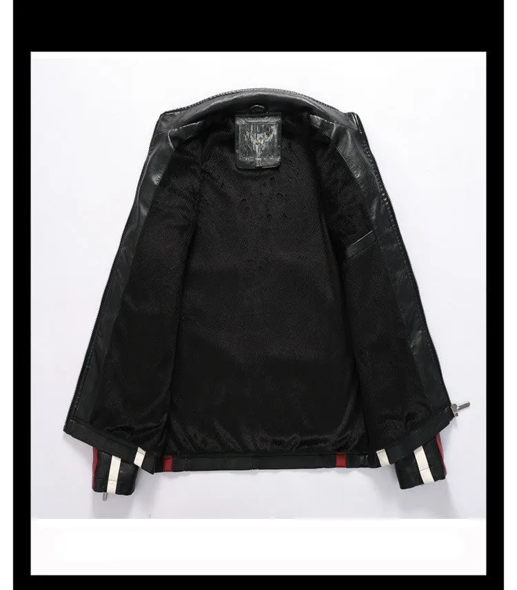 Men's black PU leather motorcycle racing suit jacket with stand-up collar, zipper front, and badge detail