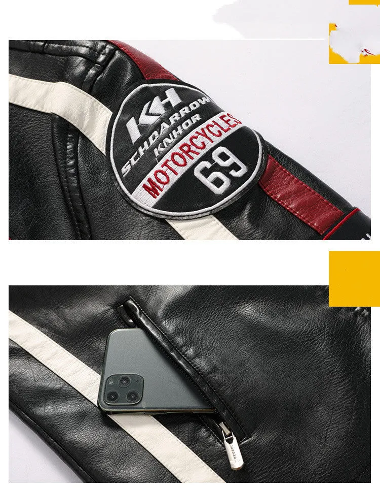 Men's black PU leather motorcycle racing suit jacket with stand-up collar, zipper front, and badge detail
