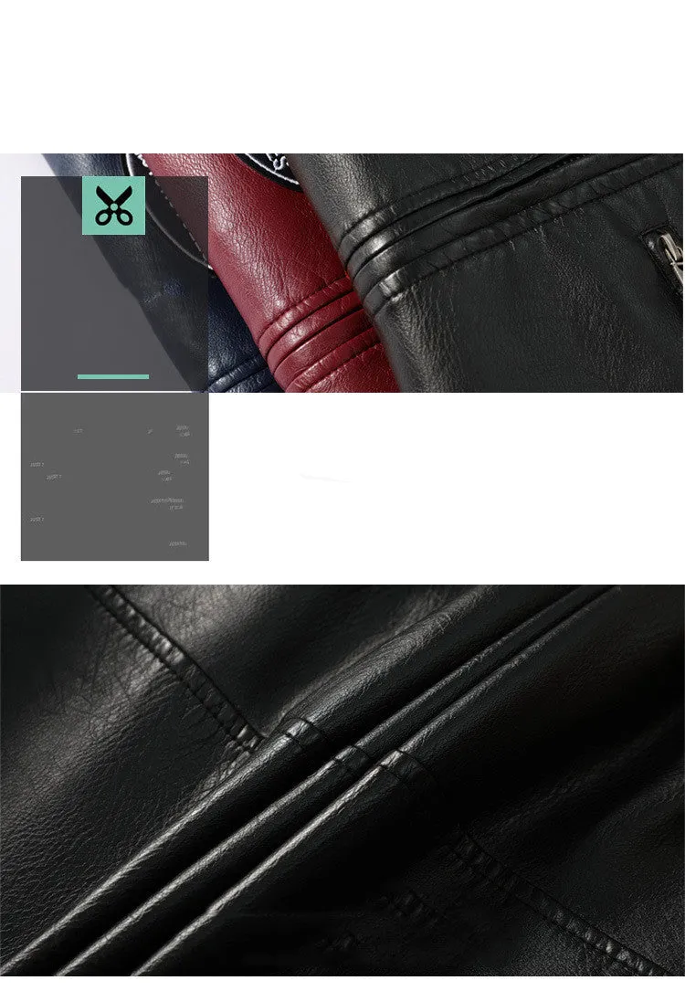 Men's black PU leather motorcycle racing suit jacket with stand-up collar, zipper front, and badge detail
