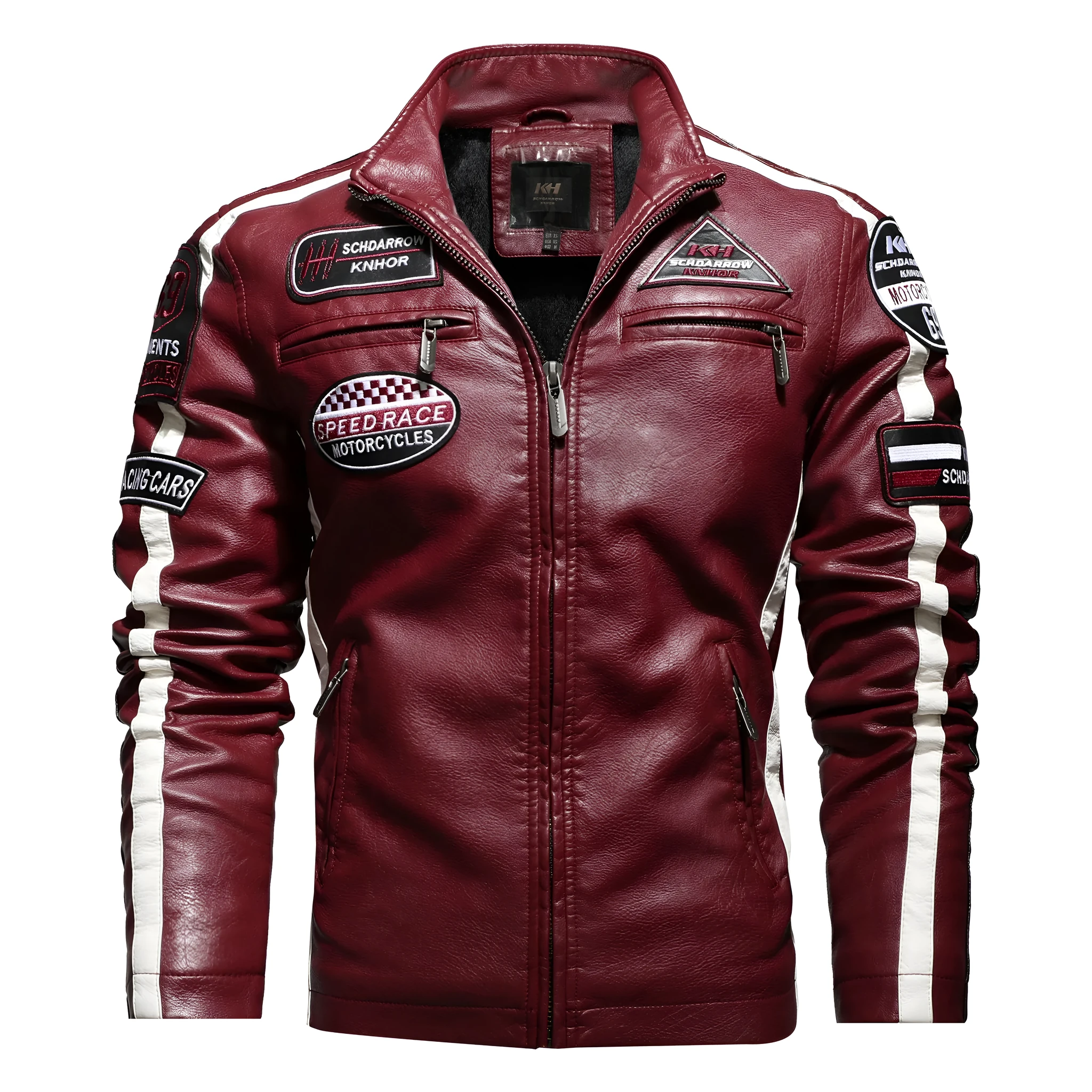 Men's black PU leather motorcycle racing suit jacket with stand-up collar, zipper front, and badge detail