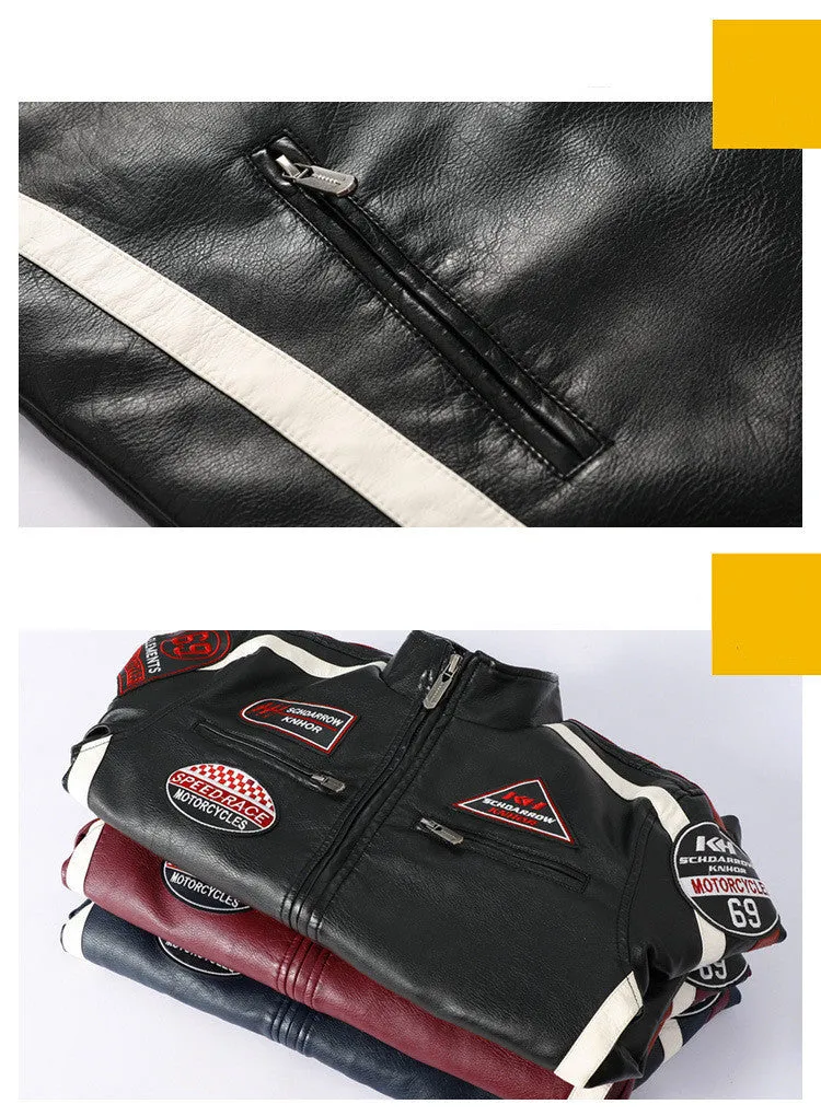 Men's black PU leather motorcycle racing suit jacket with stand-up collar, zipper front, and badge detail