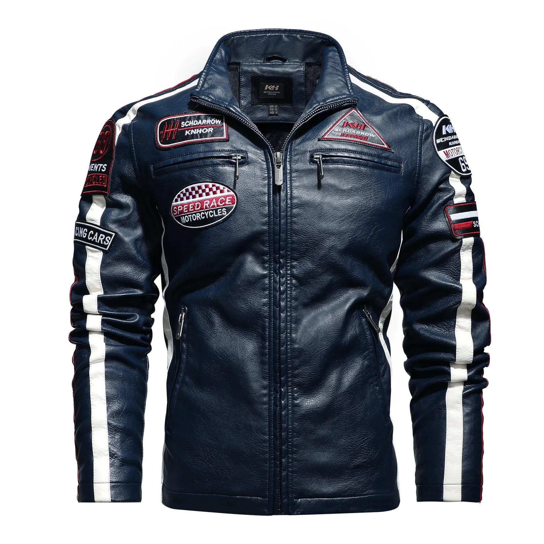 Men's black PU leather motorcycle racing suit jacket with stand-up collar, zipper front, and badge detail