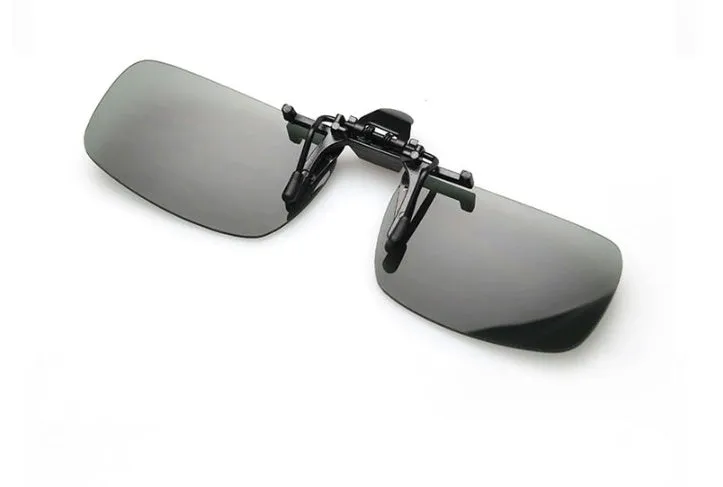 Plastic clip-on sunglasses overlay for prescription glasses, shown in large size with grey tinted lens.