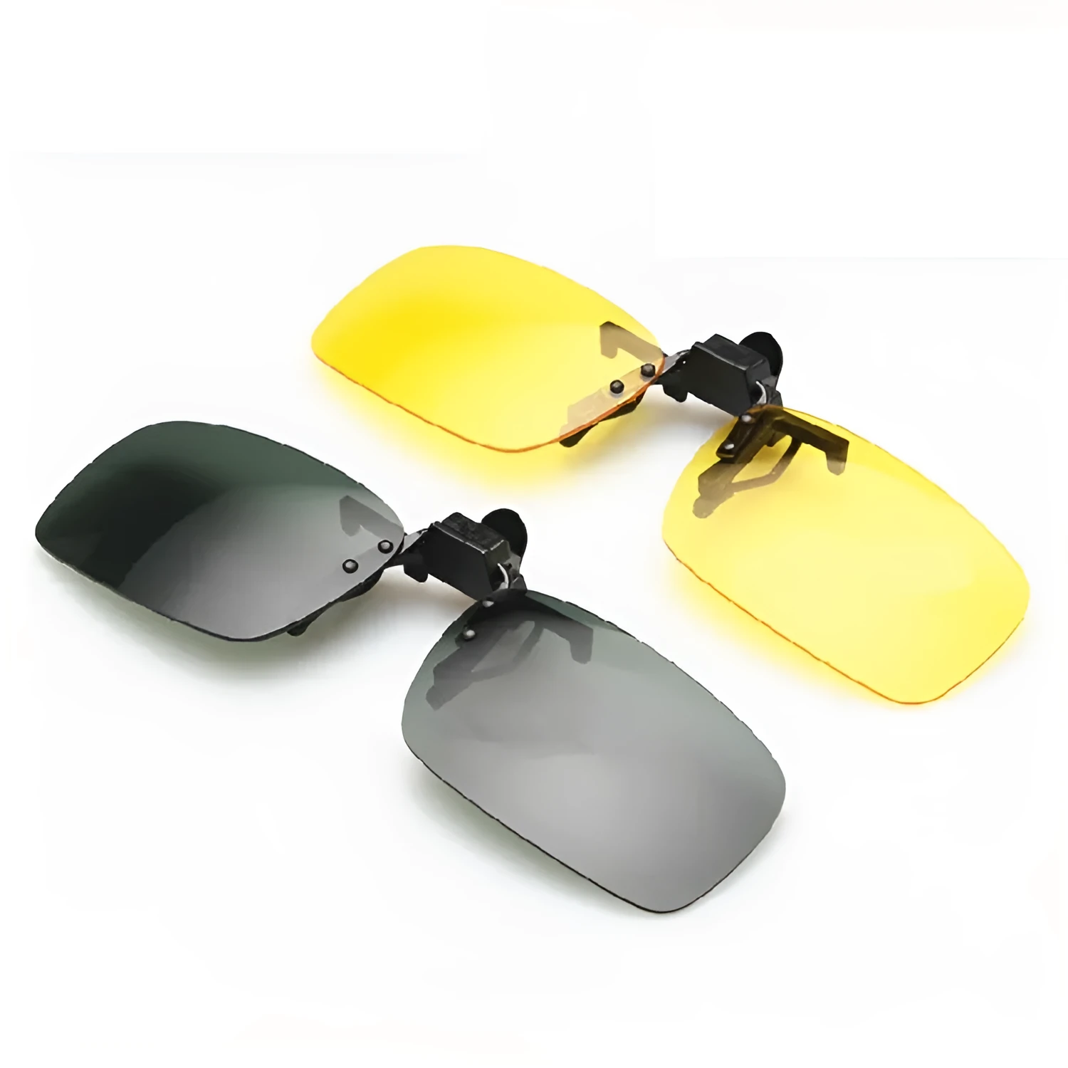 Plastic clip-on sunglasses overlay for prescription glasses, shown in large size with grey tinted lens.