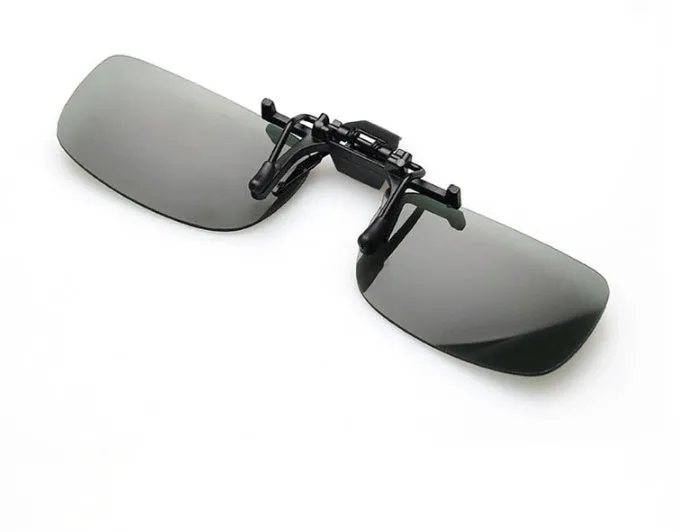 Plastic clip-on sunglasses overlay for prescription glasses, shown in large size with grey tinted lens.