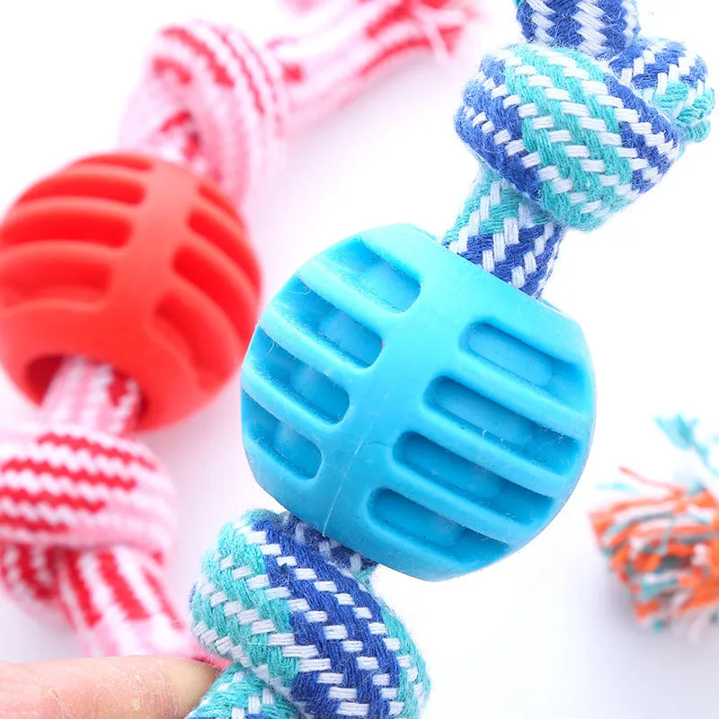 Dog bite-resistant teeth cleaning toy with double knot cotton cord and TPR ball in blue, orange, pink, red colours