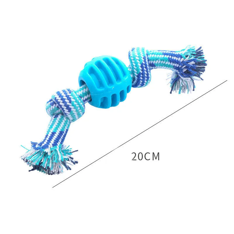 Dog bite-resistant teeth cleaning toy with double knot cotton cord and TPR ball in blue, orange, pink, red colours