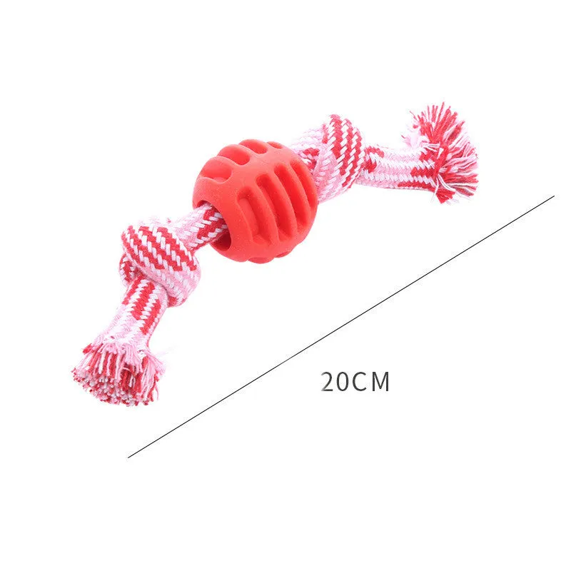 Dog bite-resistant teeth cleaning toy with double knot cotton cord and TPR ball in blue, orange, pink, red colours