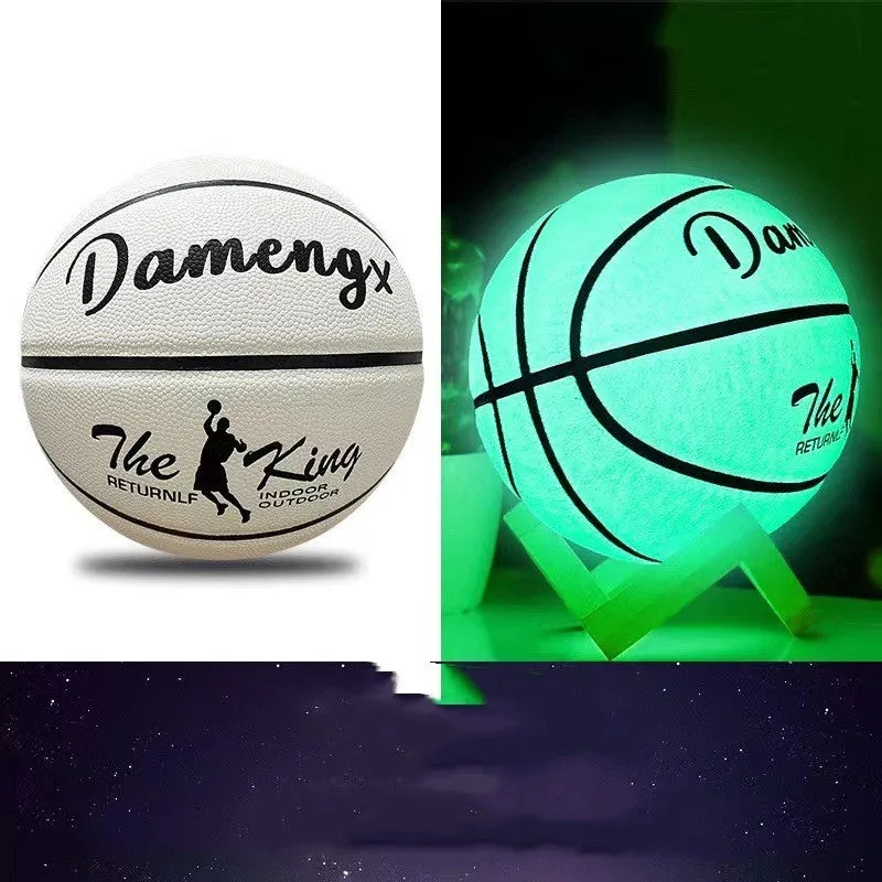 Luminous outdoor basketball with soft PU leather cover in glowing blue colour on outdoor court