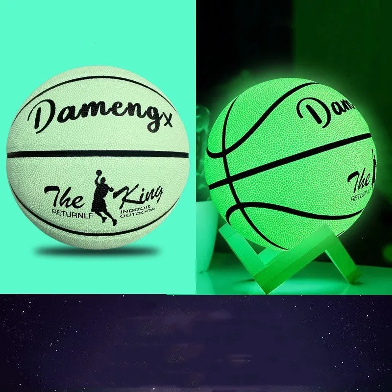 Luminous outdoor basketball with soft PU leather cover in glowing blue colour on outdoor court