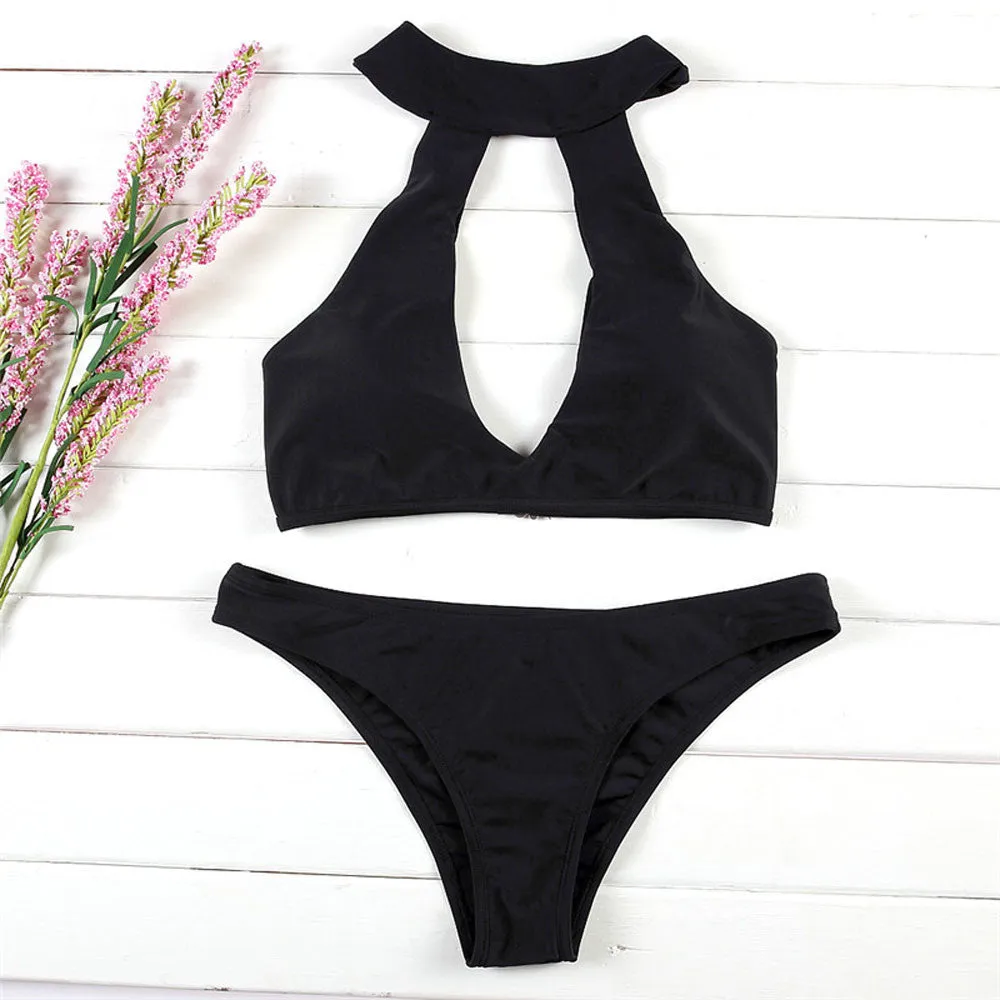 Cow milk silk solid colour bikini set for women with chest pad in black