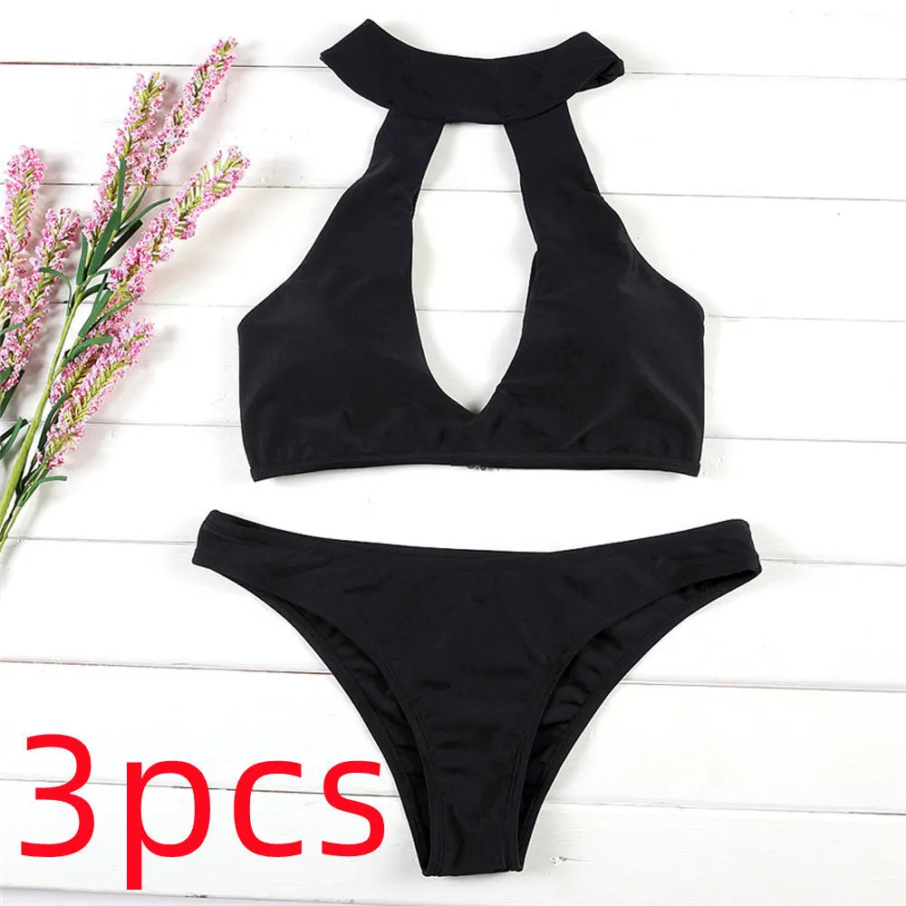 Cow milk silk solid colour bikini set for women with chest pad in black