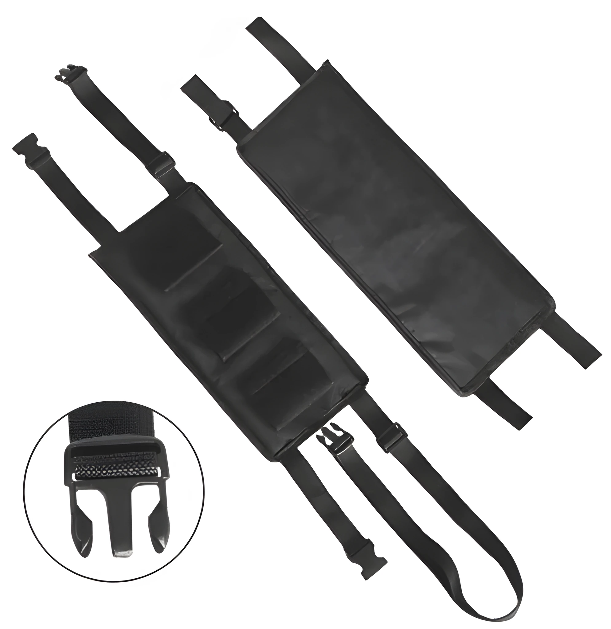 Black nylon Oxford cloth fishing rod holder mounted on car seat headrest with neoprene rod wrap, three-stroke capacity