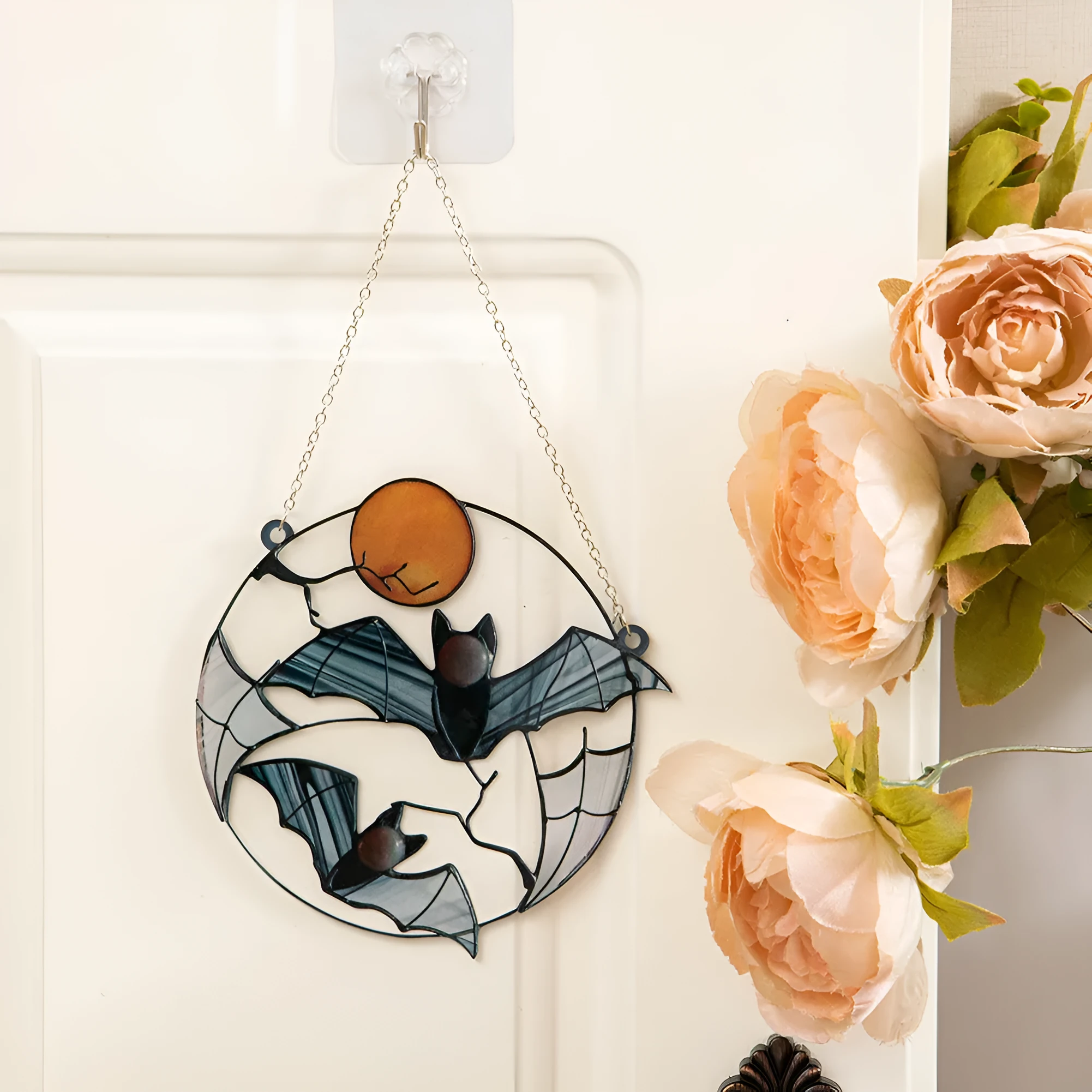 Moon Bat decorative acrylic pendant with engraved bat design, 15.3cm by 15cm, American style wall hanging