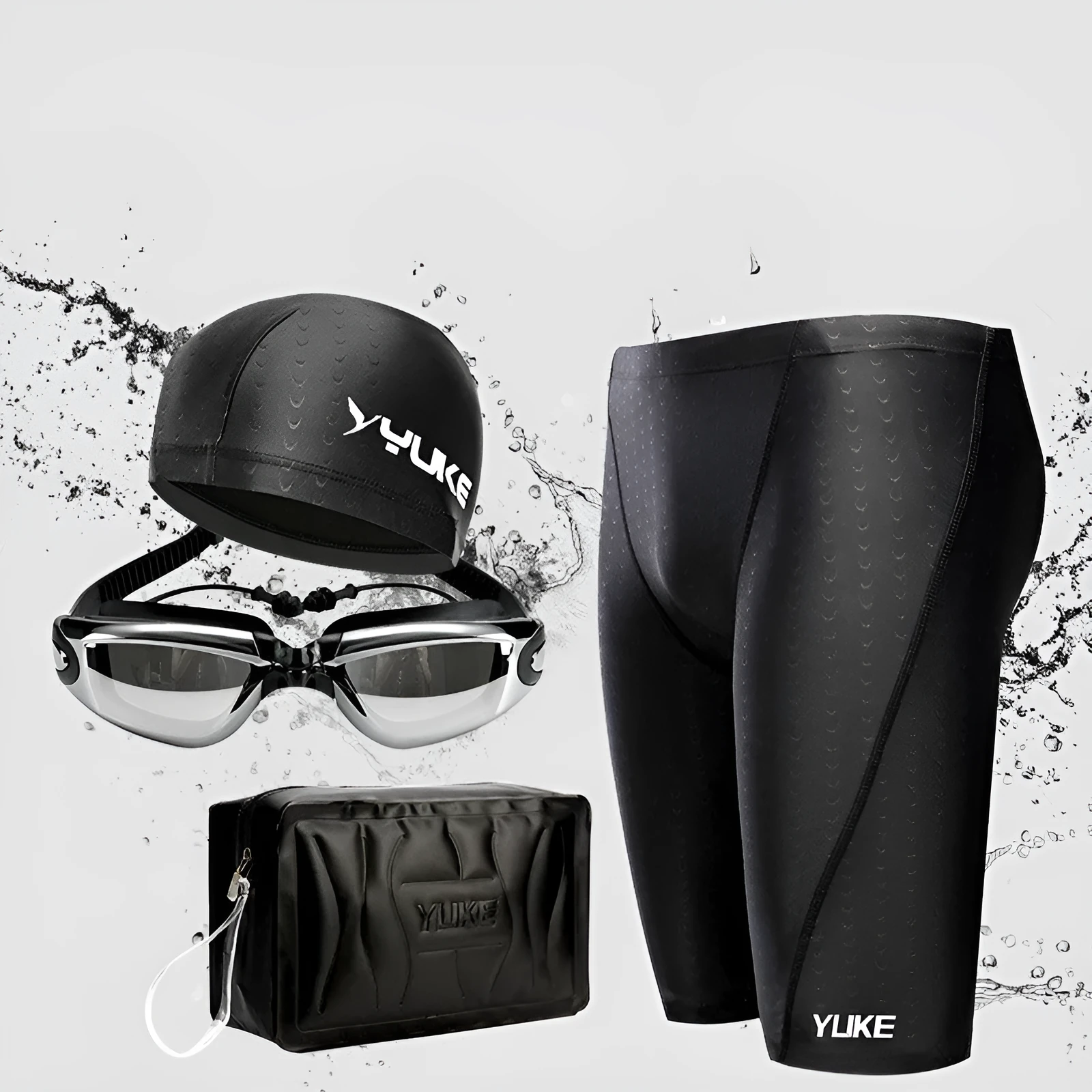 Men's black swimming set with briefs, goggles, cap, ear plugs, nose clip, and a carry bag laid out.