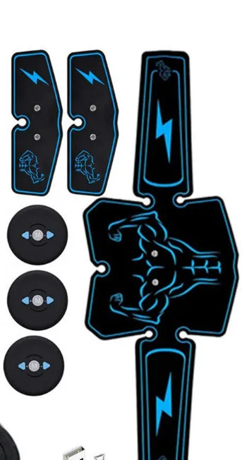 Blue EMS abdominal muscle stimulator with three hosts on adjustable belt and gel pads