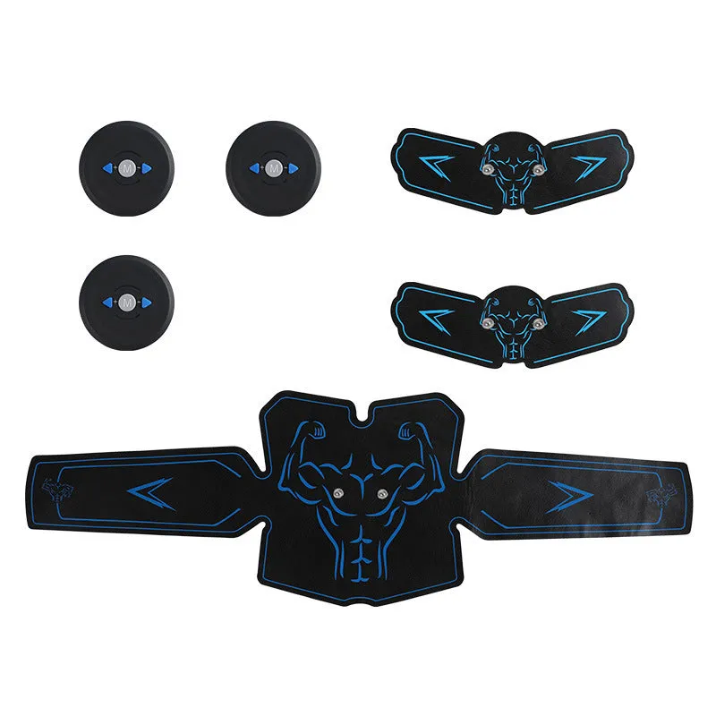 Blue EMS abdominal muscle stimulator with three hosts on adjustable belt and gel pads