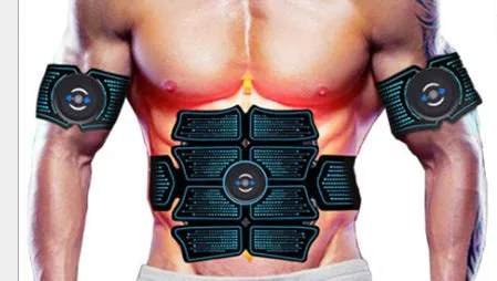 Blue EMS abdominal muscle stimulator with three hosts on adjustable belt and gel pads
