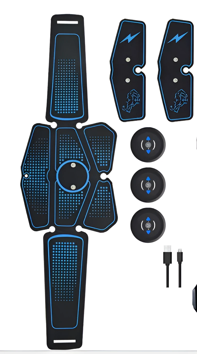 Blue EMS abdominal muscle stimulator with three hosts on adjustable belt and gel pads