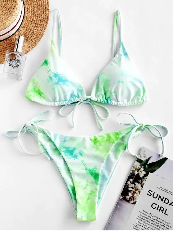 Sexy halter tie dye bikini set in pink with built-in chest pad and backless design