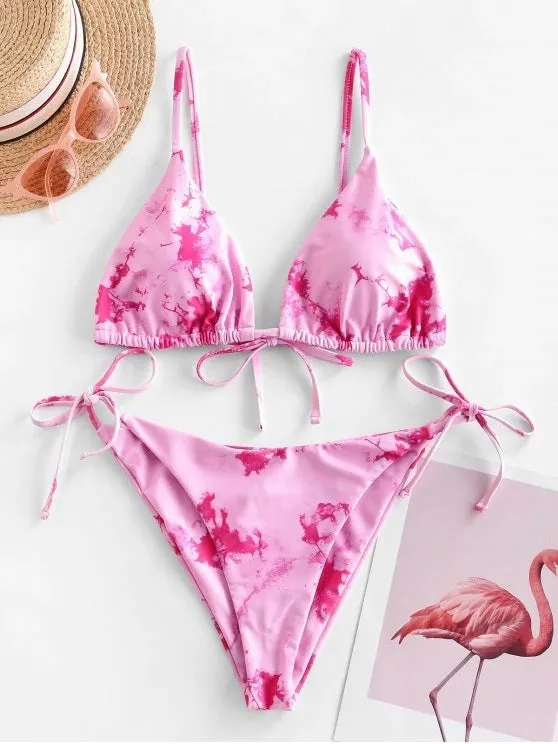 Sexy halter tie dye bikini set in pink with built-in chest pad and backless design
