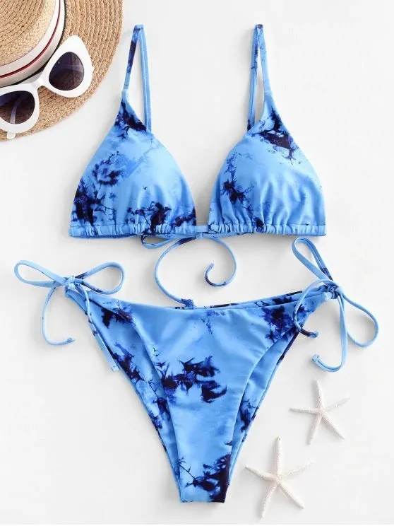 Sexy halter tie dye bikini set in pink with built-in chest pad and backless design