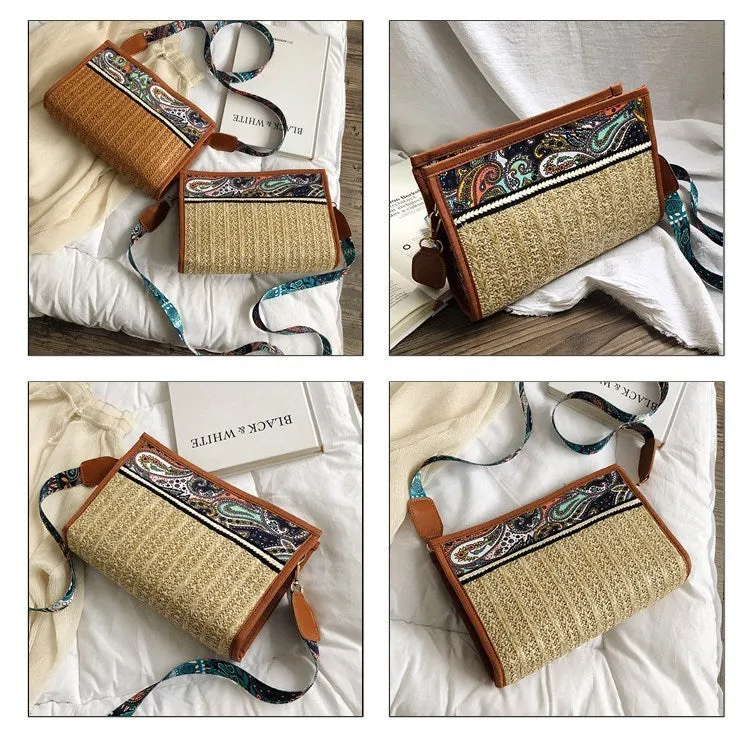 Retro ethnic straw shoulder messenger bag in khaki with zipper closure 28x18x6cm