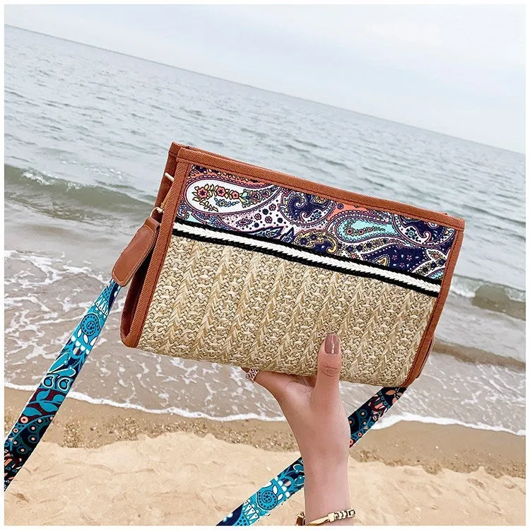 Retro ethnic straw shoulder messenger bag in khaki with zipper closure 28x18x6cm