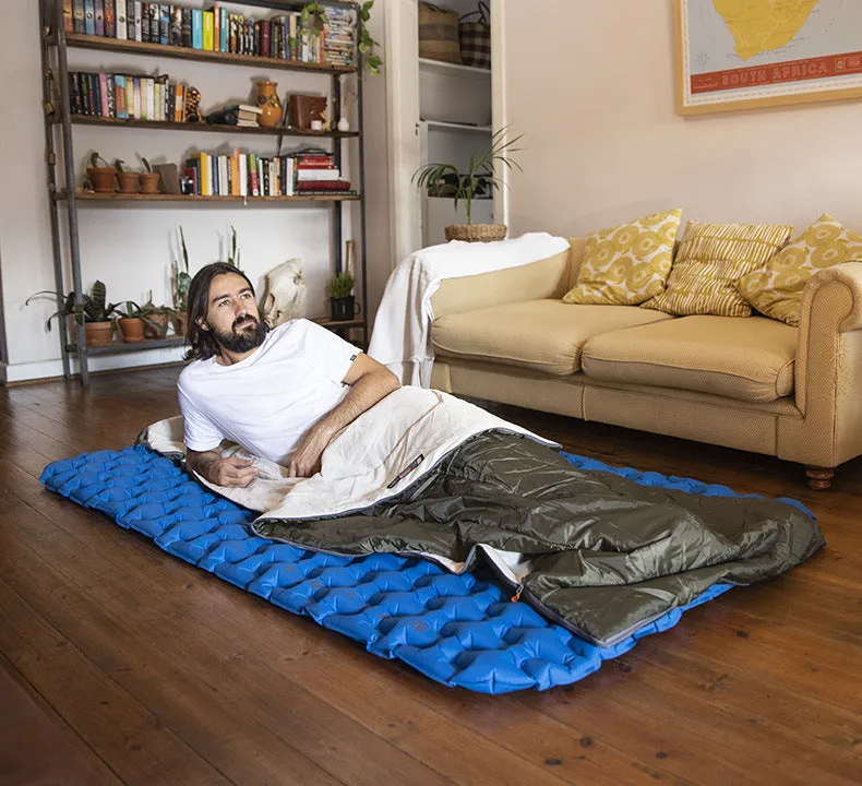 Camping thin portable envelope cotton sleeping bag in army green, hollow cotton filling, pongee lining, polyester silk spinning outer fabric