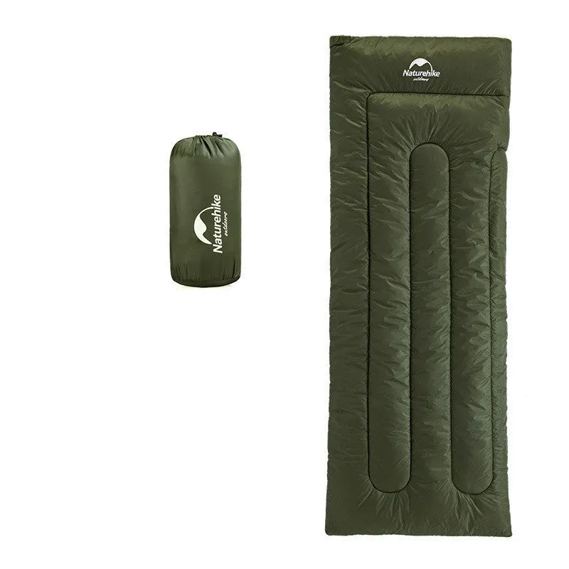 Camping thin portable envelope cotton sleeping bag in army green, hollow cotton filling, pongee lining, polyester silk spinning outer fabric