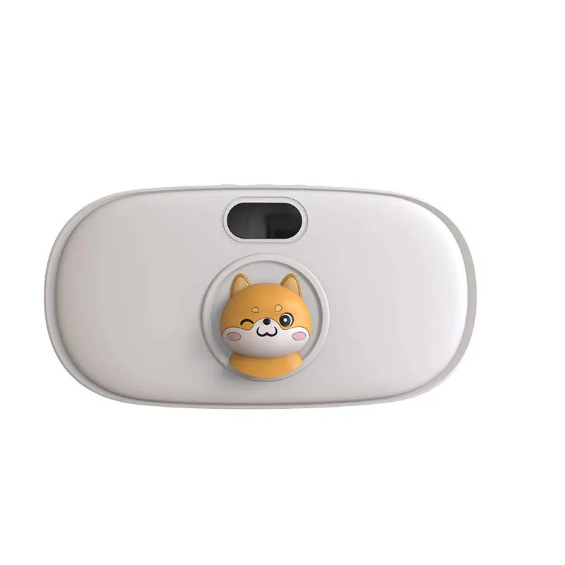 Rechargeable stomach heating pad with cute cat beige flannel cover showing 2000mAh battery and 45-65°C adjustable temperature