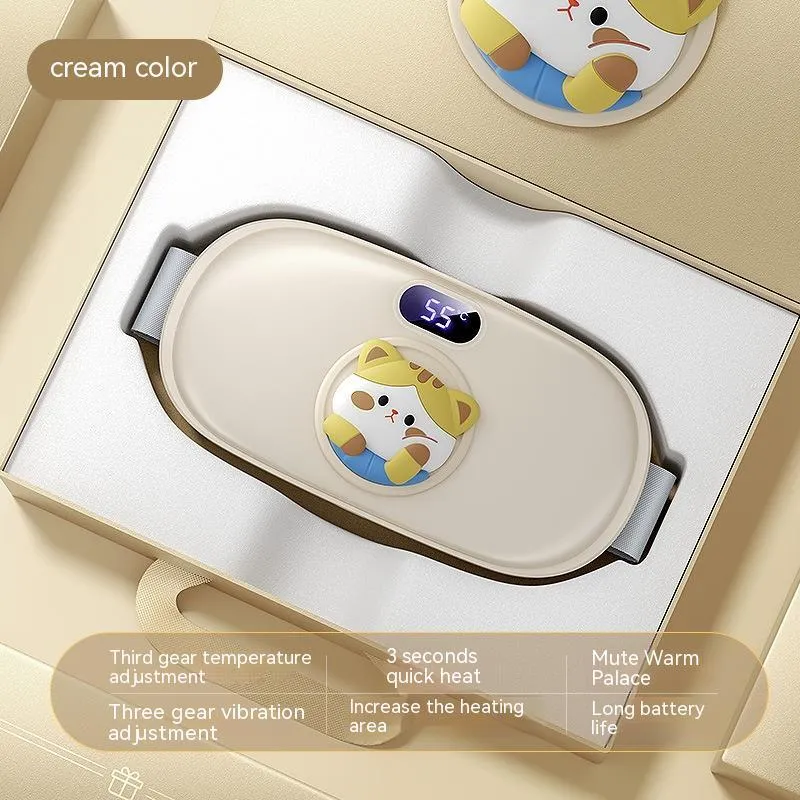 Rechargeable stomach heating pad with cute cat beige flannel cover showing 2000mAh battery and 45-65°C adjustable temperature